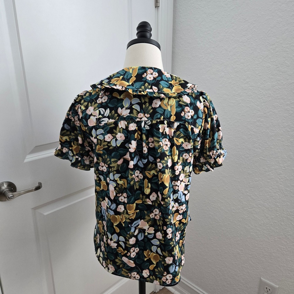 Pilcro Anthropologie Floral Peter Pan Collar Ruffle Blouse Green Mustard Small - Picture 3 of 9
